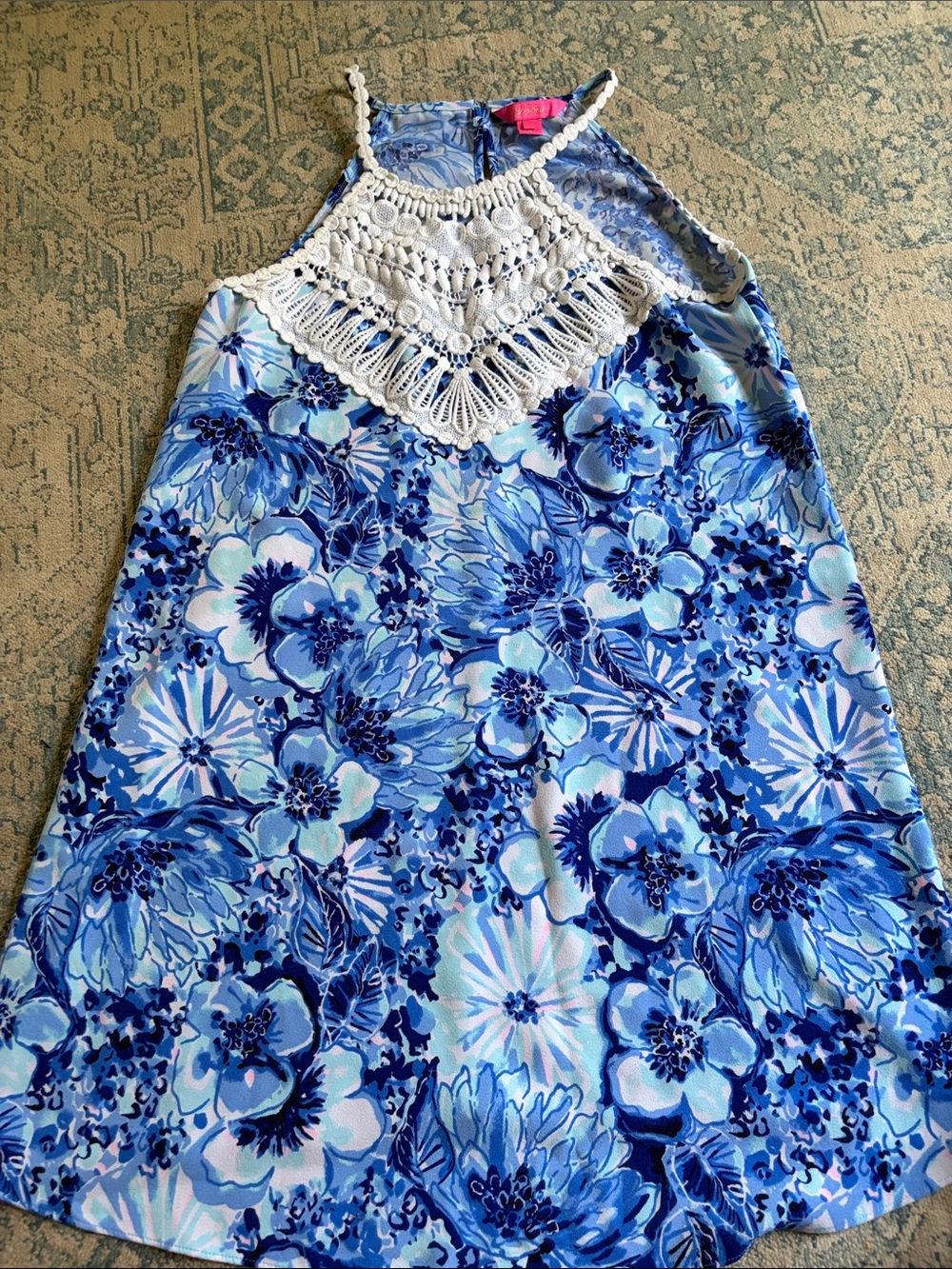 Lilly Pulitzer Blue Floral Halter Dress with White Crochet Yoke